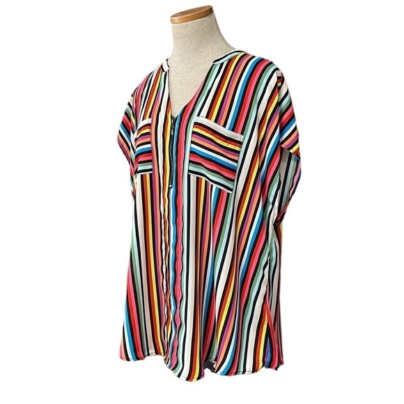 Torrid Top Blouse Quarter Zip Short Sleeves Colorful Stripes Pink Blue Size 12 - Picture 2 of 12